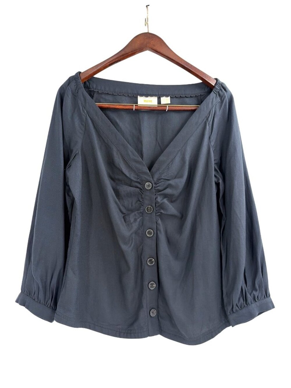 Maeve Anthropologie Button Front Blouse Linen Blend Womens 14 Black Cottagecore